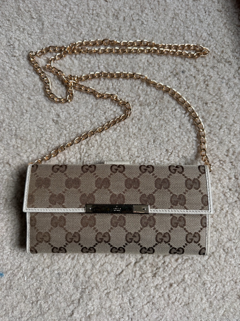 Gucci Beige White Monogram GG Long Wallet w/Unbranded Gold Chain to use as WOC!